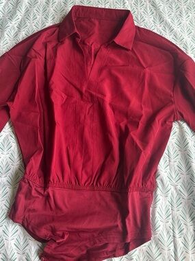 Women's Red Collared Bodysuit with Elastic Waist